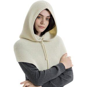 Women Beige White Hooded Scarf Winter Beanie Hats Beanies Knitted Crochet Hat